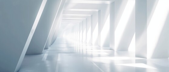 A bright, white abstract hallway with geometric patterns and light at the end, ideal for architectural and design concepts. - obrazy, fototapety, plakaty