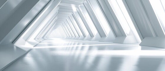 A bright, white abstract hallway with geometric patterns and light at the end, ideal for architectural and design concepts.