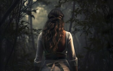 Mystery poster. A woman standing in the forest walking away, point of view from behind. Back view, no face, over the shoulder. AI Generative. - obrazy, fototapety, plakaty