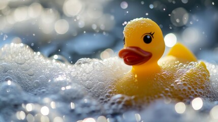 Yellow Rubber Ducky Floating in Bathtub