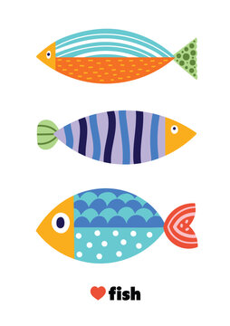 Cute retro colorful cartoon illustration with  fish on white background. Vector illustration set.