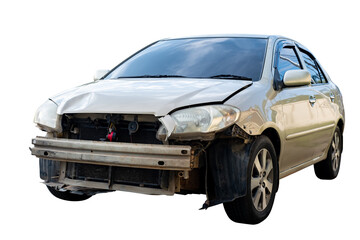 Front and Side of white or silver bronze car get damaged by accident on the road. Broken cars after...