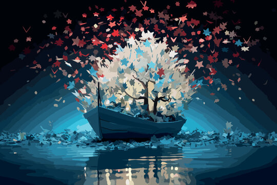 Lonely boat with sail and paper butterflies in a calm sea at sunset