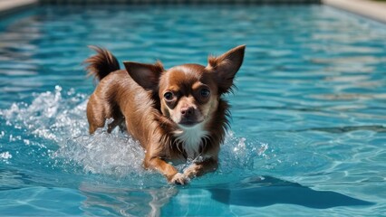 Chocolate long coat chihuahua dog in the swimming pool