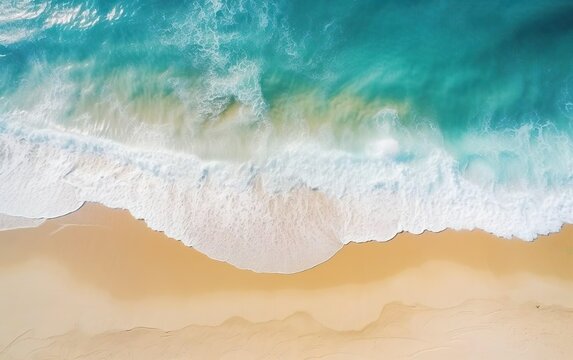 Ocean wave, top view banner. Spectacular drone photo of beach for refreshing and calmness concept. Flat lay poster. AI Generative.