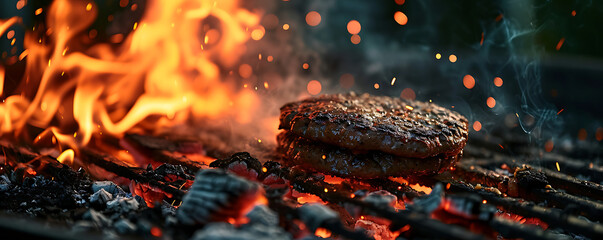 Particles of fire embers against a black background. An empty fired barbecue grill creates the backdrop, featuring abstract dark glittering lights from fire particles.