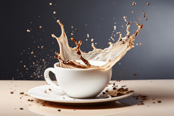 Black background features sugar splashing into coffee mug. AI Generative reveals liquid motion, isolated droplets.