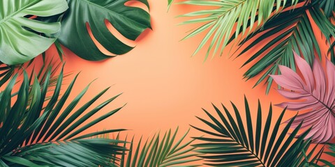 Fototapeta premium Green and pink palm leaves set against an orange background, creating a vibrant and tropical design perfect for various decorative and artistic projects.