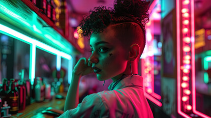 A female image with an eccentric haircut in a neon barbershop with green lights