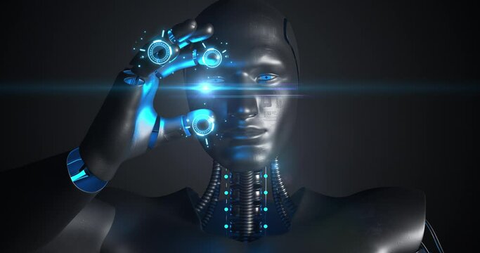 Futuristic AI Robot Analyzing Complex Data, Glowing Light. Technology And Science Related 3D Animation. 