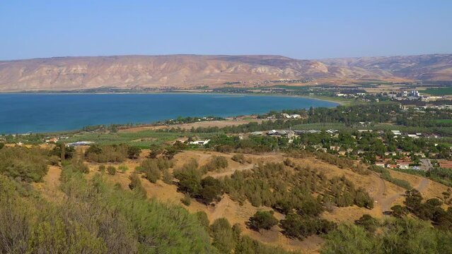 Panning to the Sea of Galilee also called Lake Tiberias