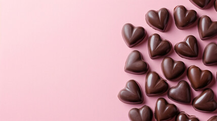 Heart-Shaped Chocolate Candies on Pink Background - Valentine's Day - obrazy, fototapety, plakaty