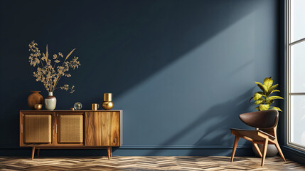 Commode with chair and decor in living room, dark blue wall mock up background