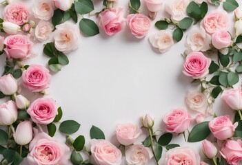 Beautiful tender blossoming floral frame of pink roses eustoma mattiola tulips eucalyptus on the white background top view flat lay stock photoFlower Backgrounds Rose Flower Pink Color Valentine's