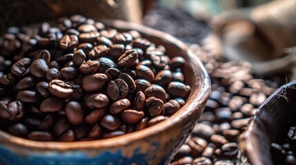 Fototapeta premium Coffee beans in jar. Coffee background