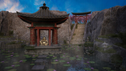 Golden Buddha statue sitting inside an asian pagoda in an ornamental pond. Japanese garden 3d illustration.