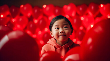Obraz na płótnie Canvas pretty asian girl with hearts on valentine's day background. created with ai