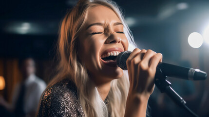 pretty caucasian woman singing on stage with microphone. created with ai.