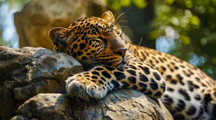 Fototapeta premium In the picture, a beautiful leopard, stretching out in a lazy pose, reports a moment of relaxation