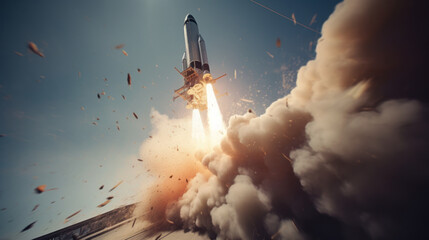 The space shuttle Atlantis lifts off from its launch pad at Kennedy Space Center, Florida. created with ai. - Powered by Adobe
