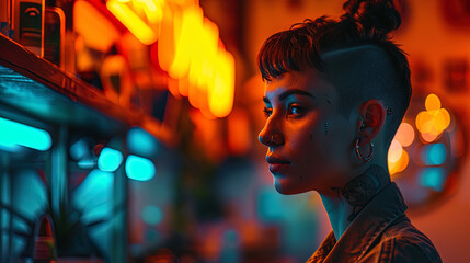 Naklejka premium Portrait of a stylish woman with a charismatic haircut in a barbershop illuminated by Orange Neon