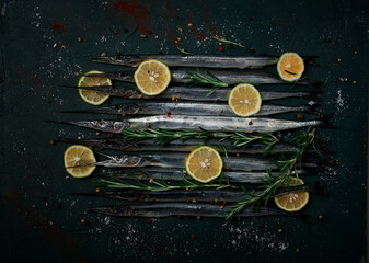 Fresh, Black Sea fish. raw, sargan, sea pike, top view, no people,