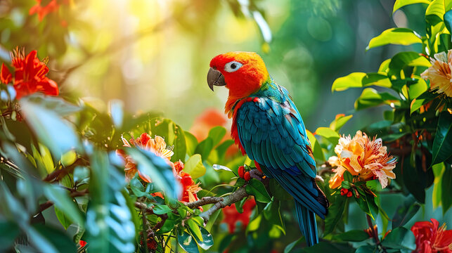 The view of the parrot among the flowering bright colors, against the background of a thick tropic