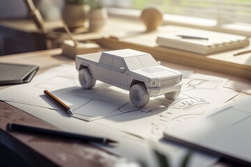 3d drawing of a futuristic pick up truck on a desk - obrazy, fototapety, plakaty