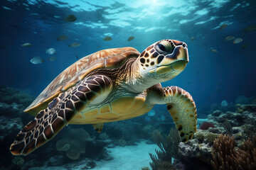 Wild turtle swimming in deep sea water. Marine life of endangered species. Generative AI