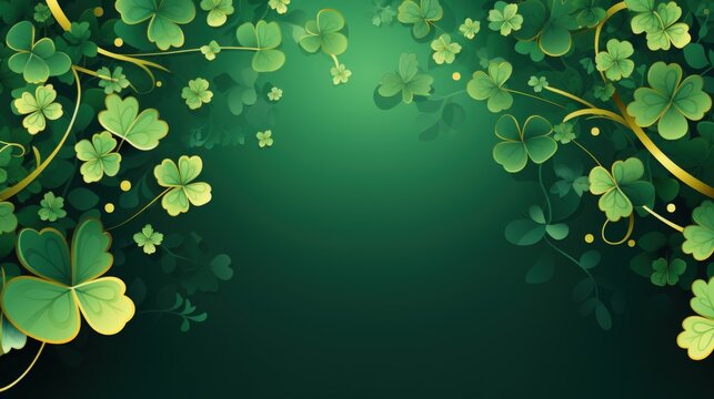 Happy Saint Patrick's Day green background with leaf shamrocks clovers. AI generated image