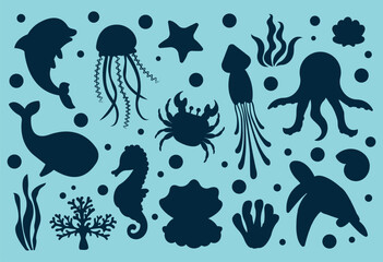 Set of sea animals and fish silhouettes. Marine underwater life. Fish and wild marine animals silhouette isolated on blue background.Vector illustration