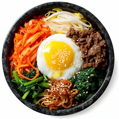 Colorful and nutritious bibimbap in bowl isolated on a clean white background, vibrant Korean rice...