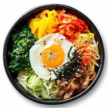 Colorful and nutritious bibimbap in bowl isolated on a clean white background, vibrant Korean rice dish