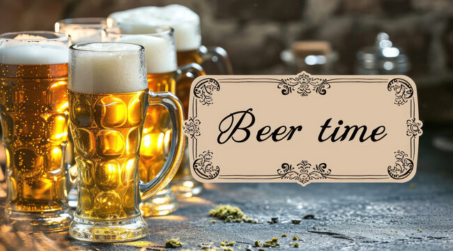 Festive beer time poster with a lettering that say "Beer Time" and full, frothy mugs and decorative frame on a textured backdrop.