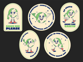 Save the planet stickers in trendy retro style. Sticker pack for Earth Day. World Environment Day.Cute and funny character of planet Earth. Eco friendly labels or badges. Vector illustration