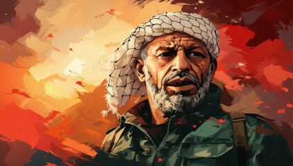 Portrait of a fictional emotional man similar to Palestinian leader Yasser Arafat.