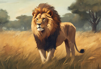 lion in the wild, lion in the savannah, illustrative painting, digital art style