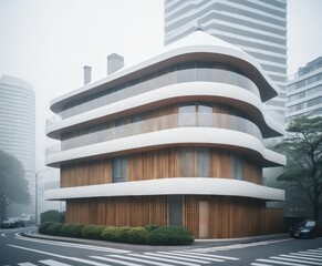 (curvy timber crafted corner house in the city center