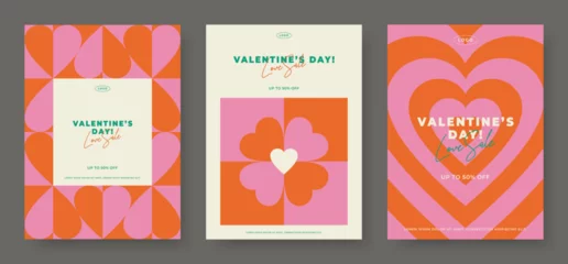 Gordijnen Romantic abstract geometric background set. Heart shape retro scandinavian modern style card. Simple graphic love pattern art flyer. Valentine's day concept event banner. Trendy vector illustration. © DDDART