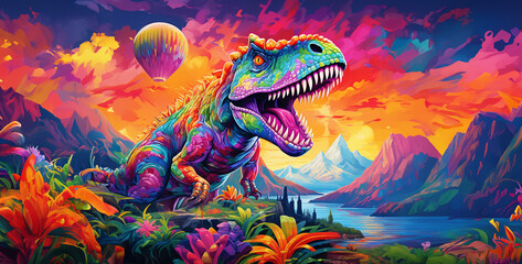 Fototapeta na wymiar Image of dinosaur with its mouth open and flowers in the foreground, Cartoon Pop Art Psychedelic Dinosaur