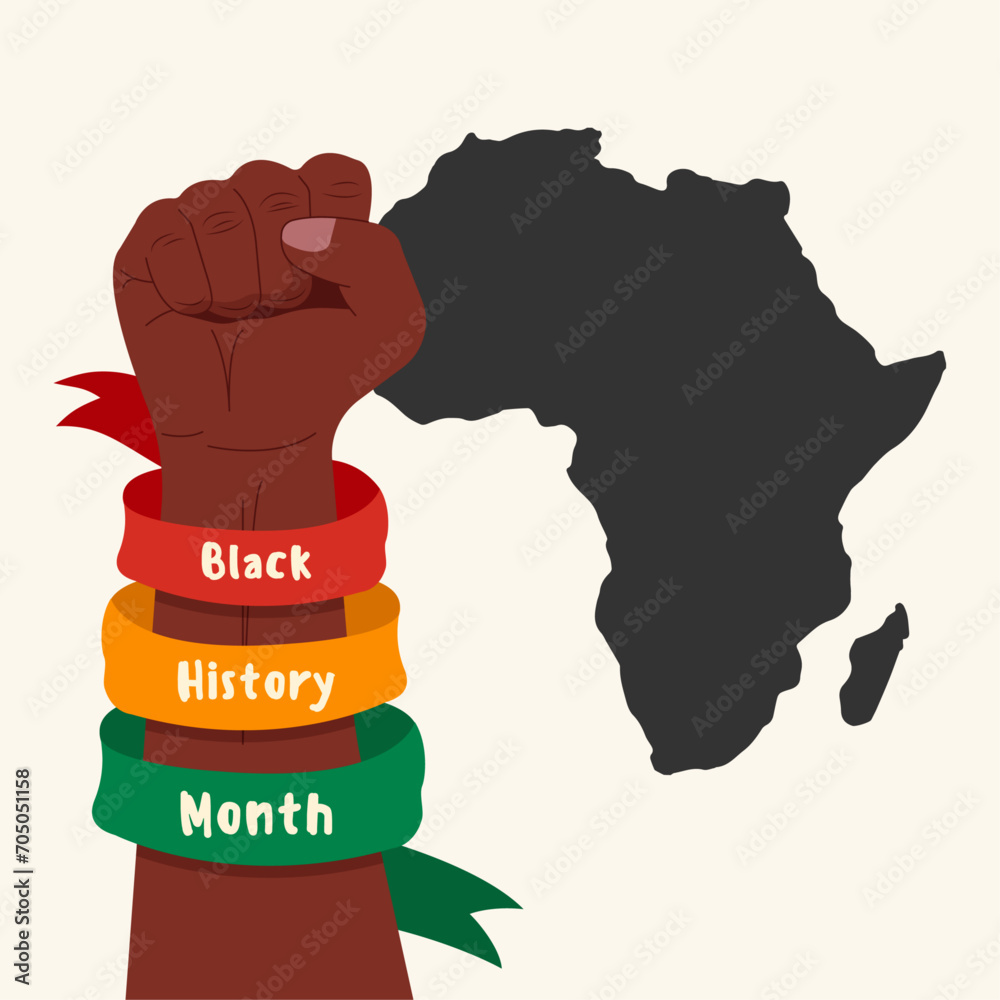 Wall mural Black day history month banner. African culture, slavery and  freedom. Poster with raised fist African continent silhouette. African American history celebration