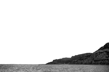 Amazing panoramic landscape of rocky shore on white background. Mediterranean sea png photo.