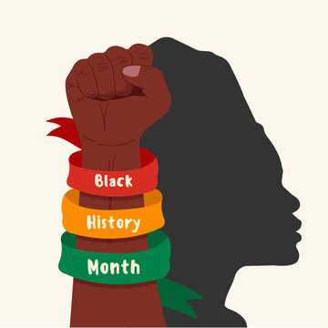 Black history month background illustration with raised fist and African woman's silhouette. Vector illustration 