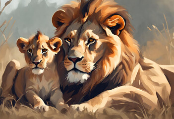 Lions family with cubs on dark background, illustrative painting, digital art style - obrazy, fototapety, plakaty