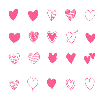 Set of hand drawn doodle pink hearts isolated on white background. Vector illustration