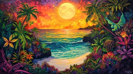 Fototapeta na wymiar A tranquil and ethereal outdoor landscape, featuring a stunning painting of a moonlit beach adorned with swaying palm trees, perfectly capturing the beauty and serenity of nature through art