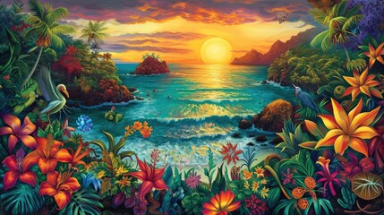 Fototapeta na wymiar A vibrant painting capturing the tranquil beauty of a tropical beach at sunset, with a colorful array of flowers, lush landscapes, and serene waters under a picturesque sky