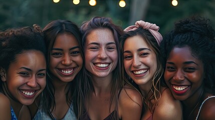 Obraz premium A joyous group of female friends capture their bond and contagious laughter in a sunny outdoor selfie, showcasing their beaming smiles, long hair, and stylish clothing