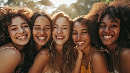 Fototapeta premium A cheerful group of female friends enjoying each other's company, beaming with happiness as they pose for a photo outdoors, showcasing their beautiful smiles, long hair, and stylish clothing