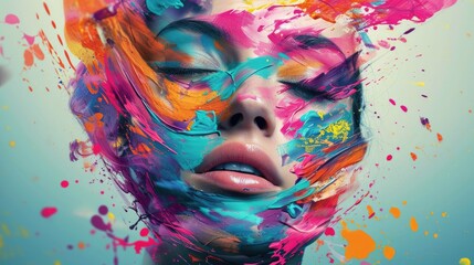 A vibrant display of creativity as a woman's face becomes a canvas for modern art, adorned with an explosion of colorful acrylic paint